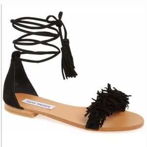STEVE MADDEN| ALAINE Black Flat Fringe Tie Sandal| Size 8M